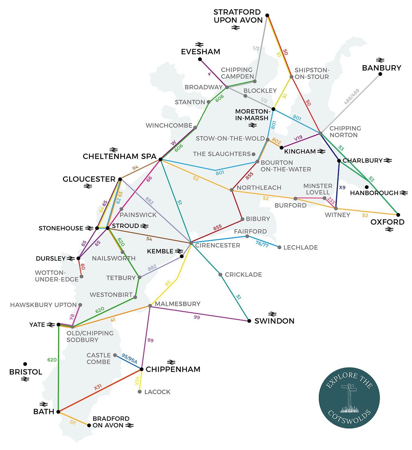 Map of the Cotswolds by public transport