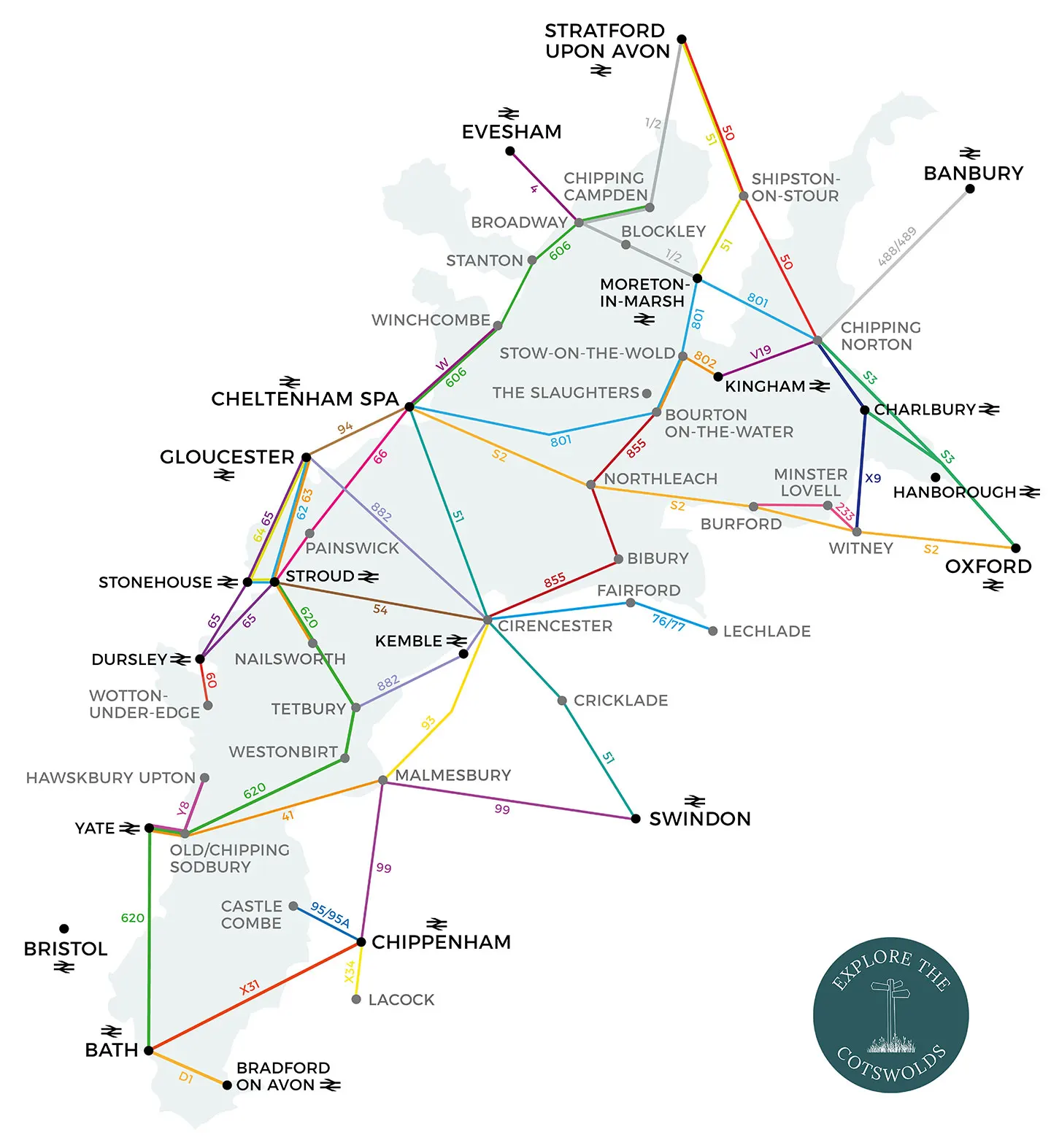 Map of the Cotswolds by public transport