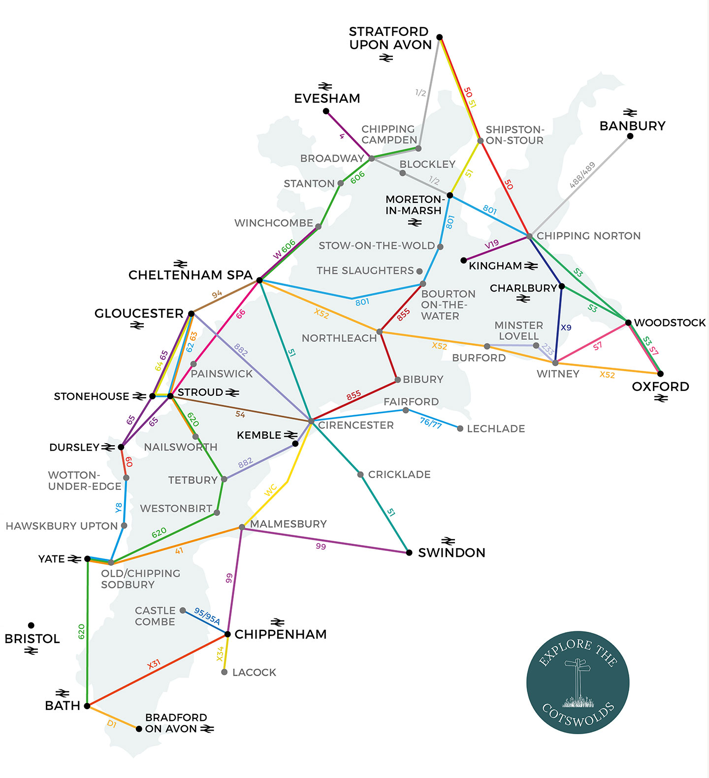 Map of the Cotswolds by public transport