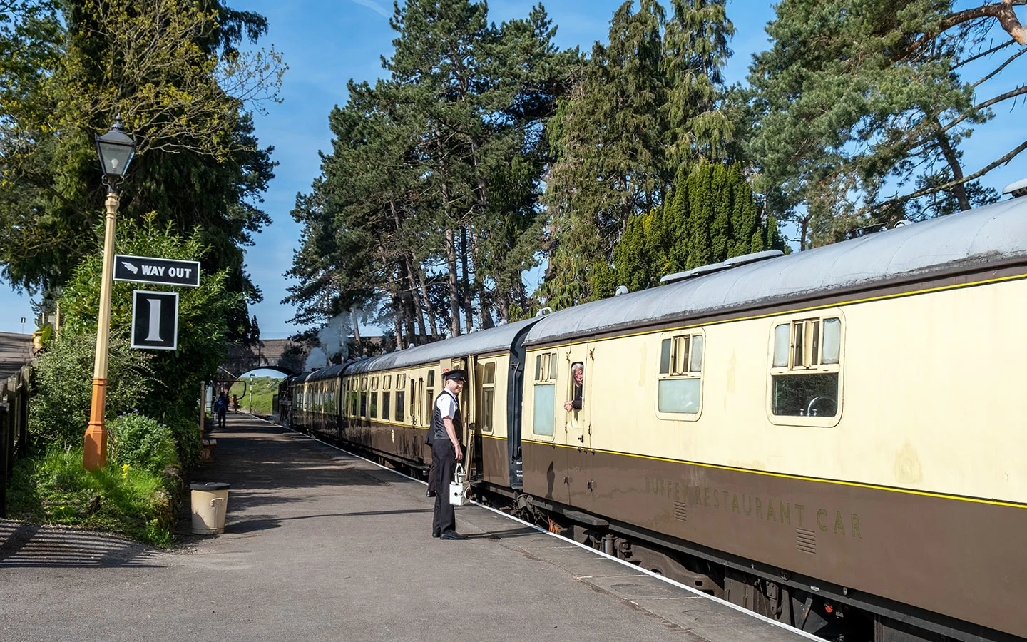 Gloucestershire–Warwickshire steam railway train at Cheltenham Racecourse station