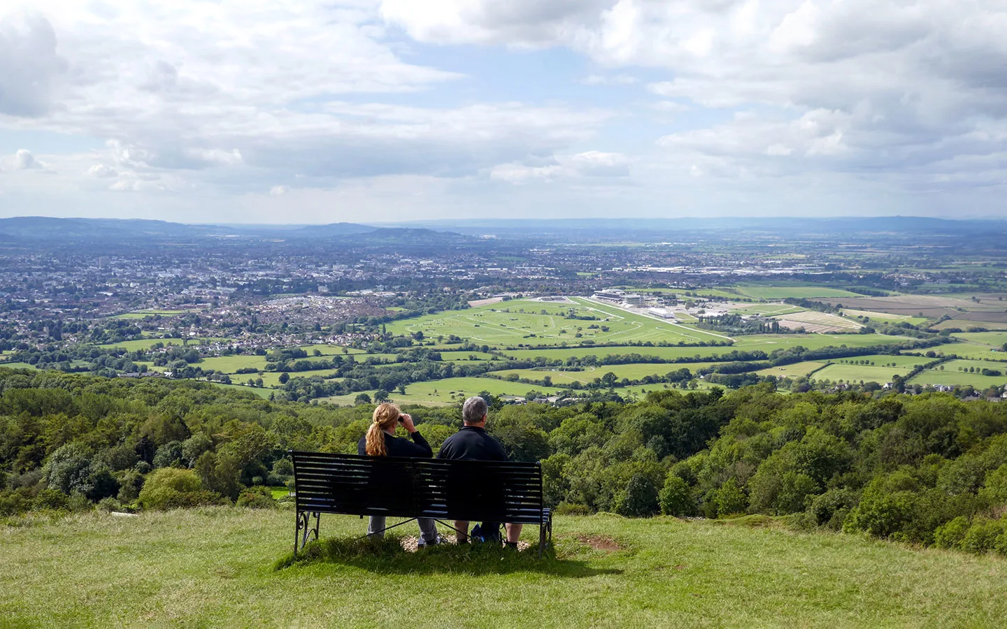 Looking down on Cheltenham Racecourse from Cleeve Hill