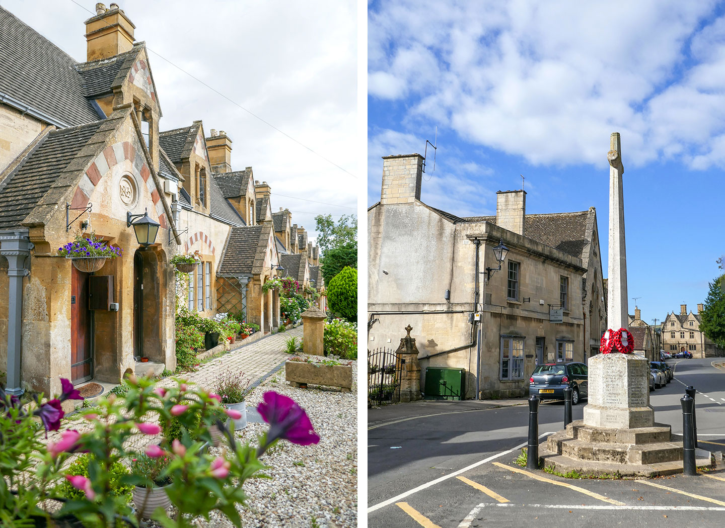 Winchcombe's Dent's Terrace almshouses and the War Memorial