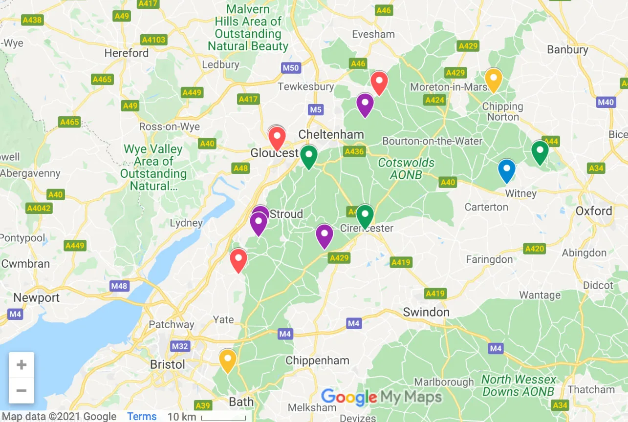 Map of English Heritage sites in the Cotswolds