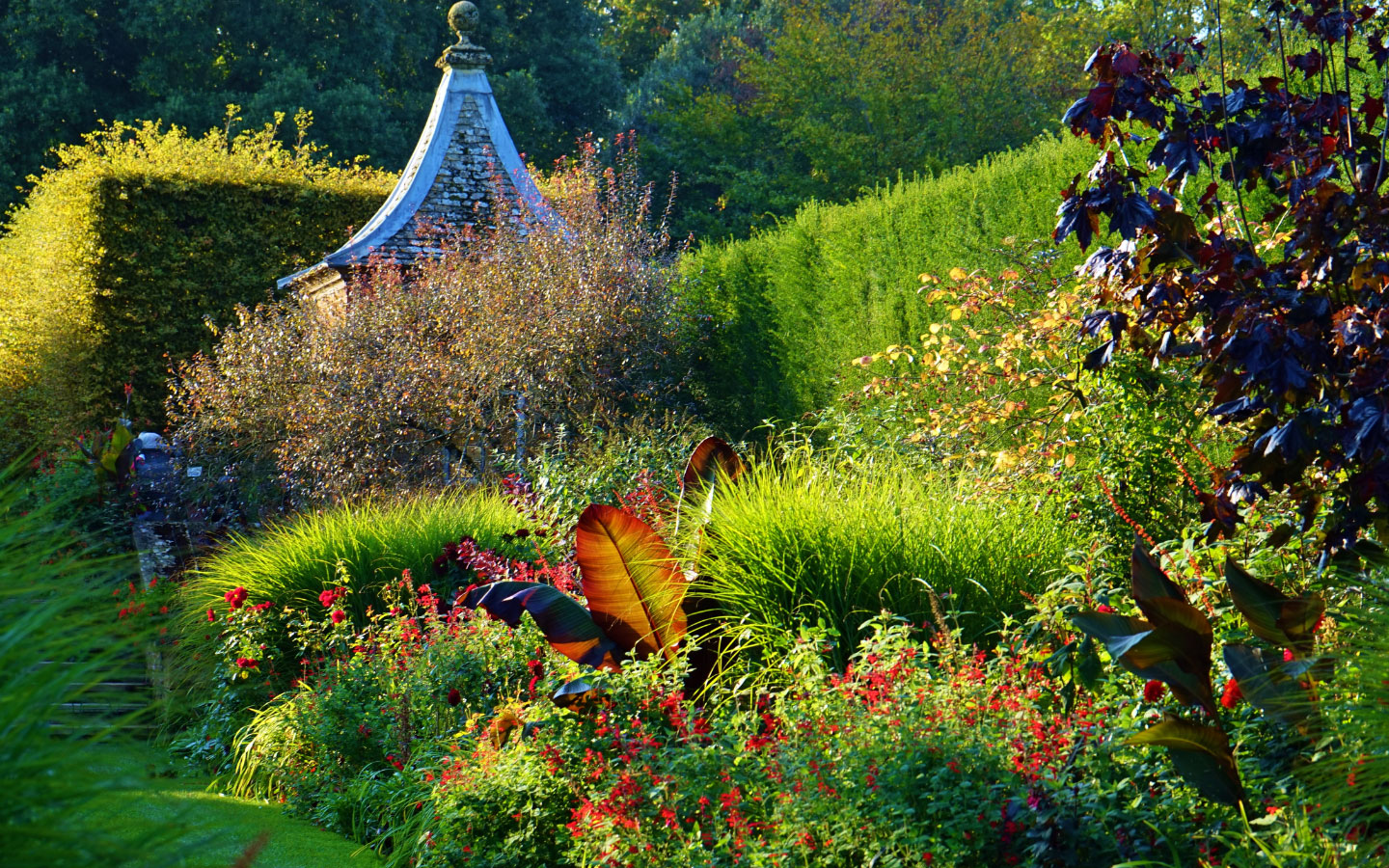 The red border at Hidcote Manor Gardens National Trust site in the Cotswolds