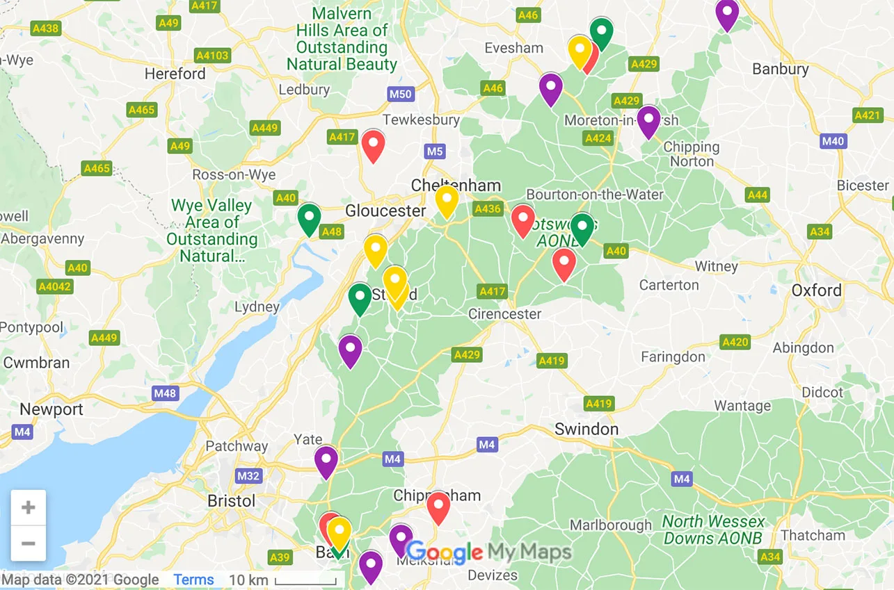 Map of National Trust sites in the Cotswolds