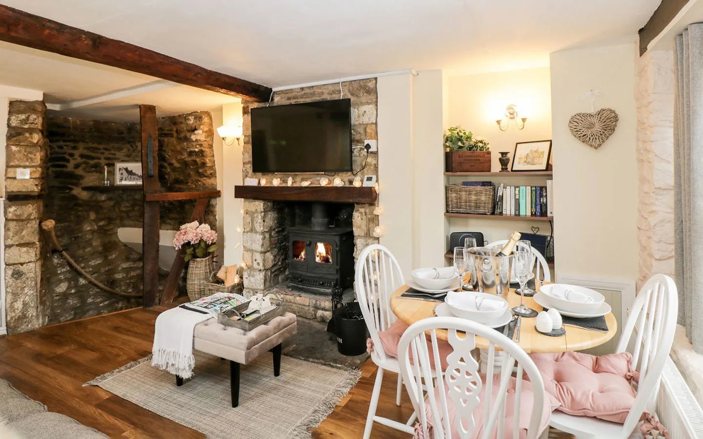 The character-filled living room at Corner Cottage in Malmesbury in the Cotswolds
