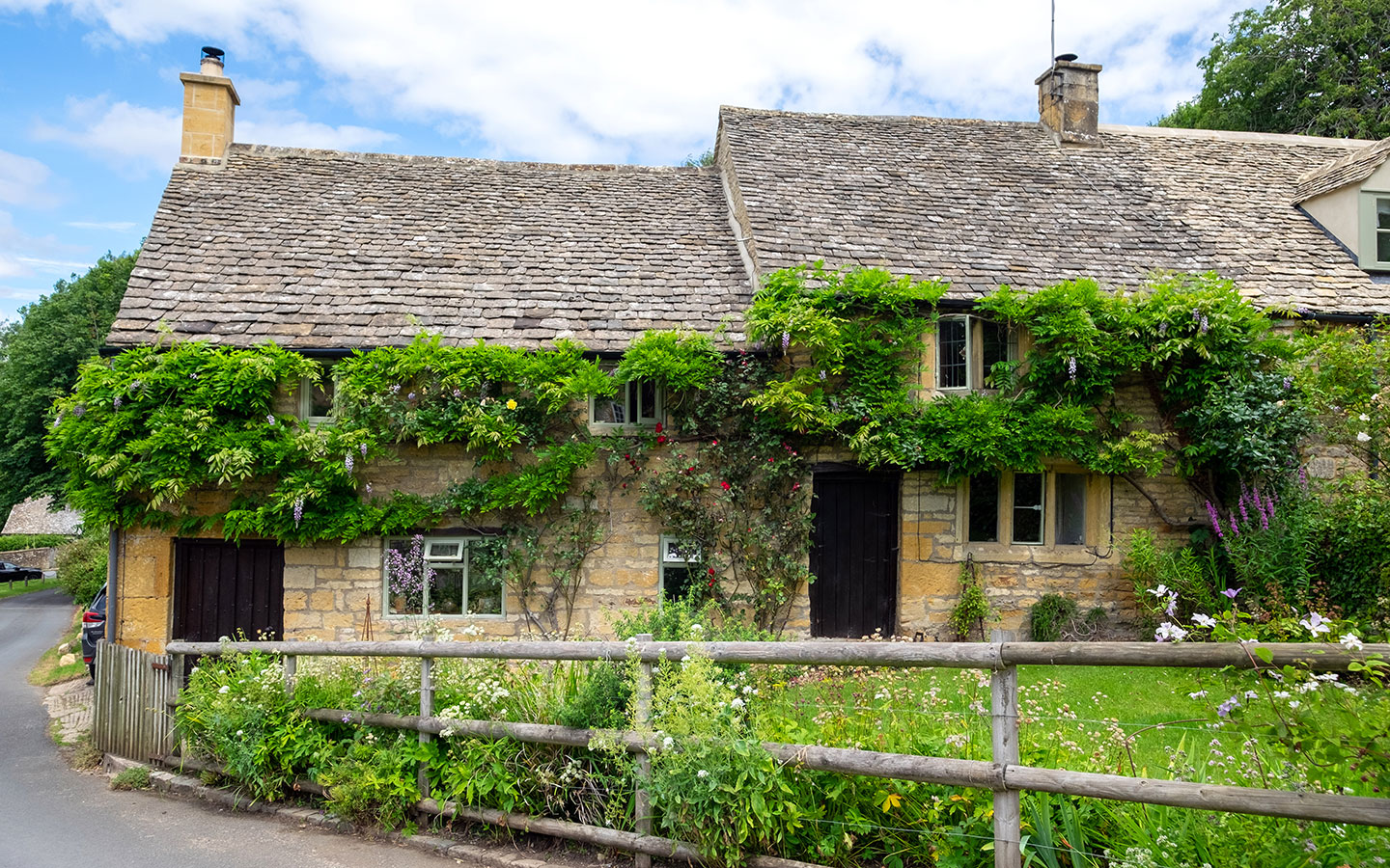 Pretty stone cottages in Snowshill in the Cotswolds