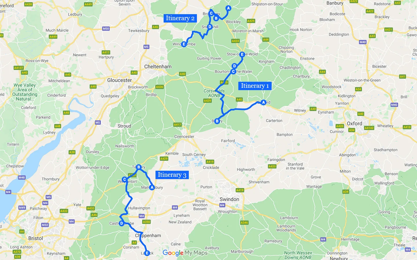 Map of itineraries for a day trip from London to Cotswolds by car