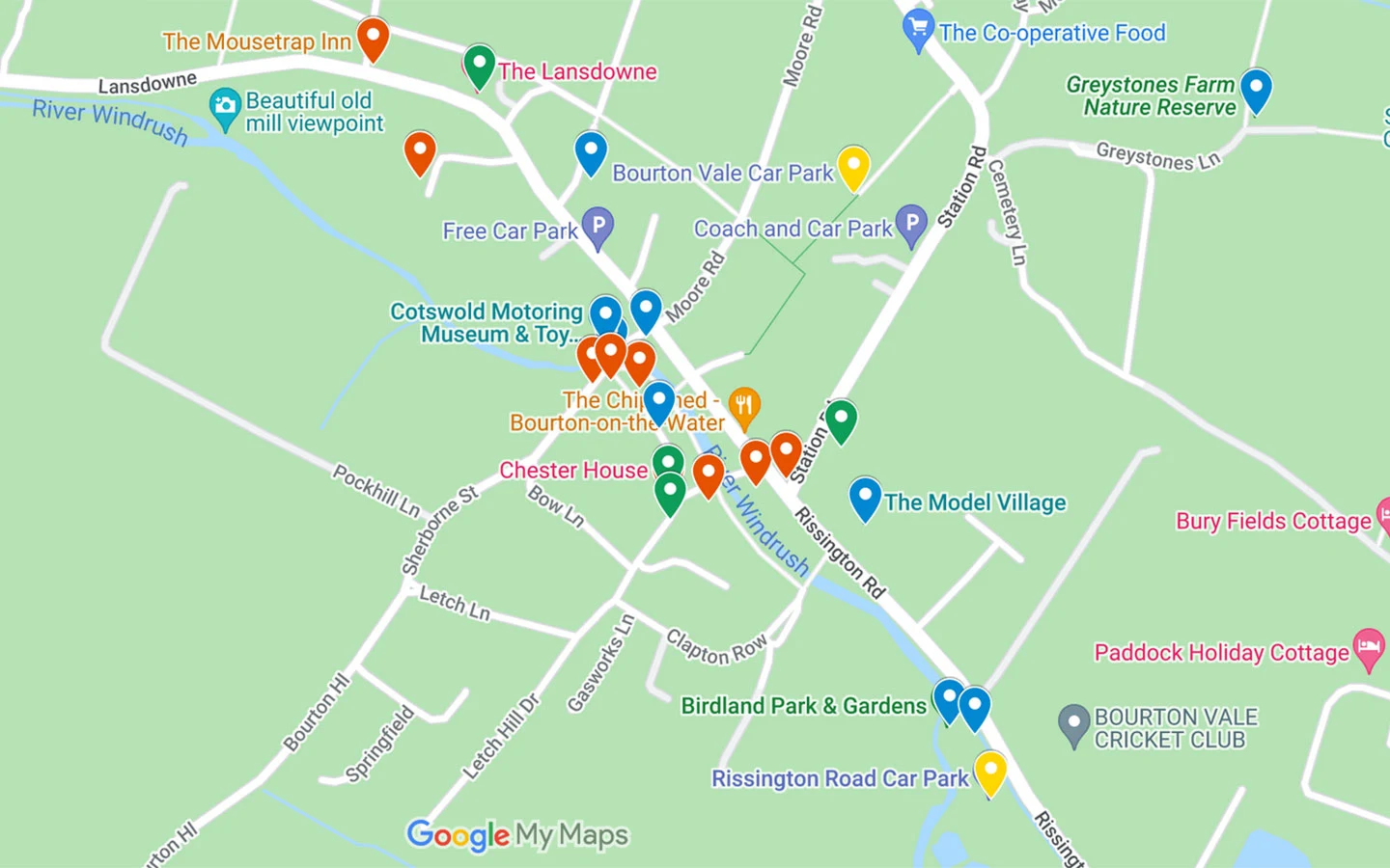 Map of things to do in Bourton-on-the-Water