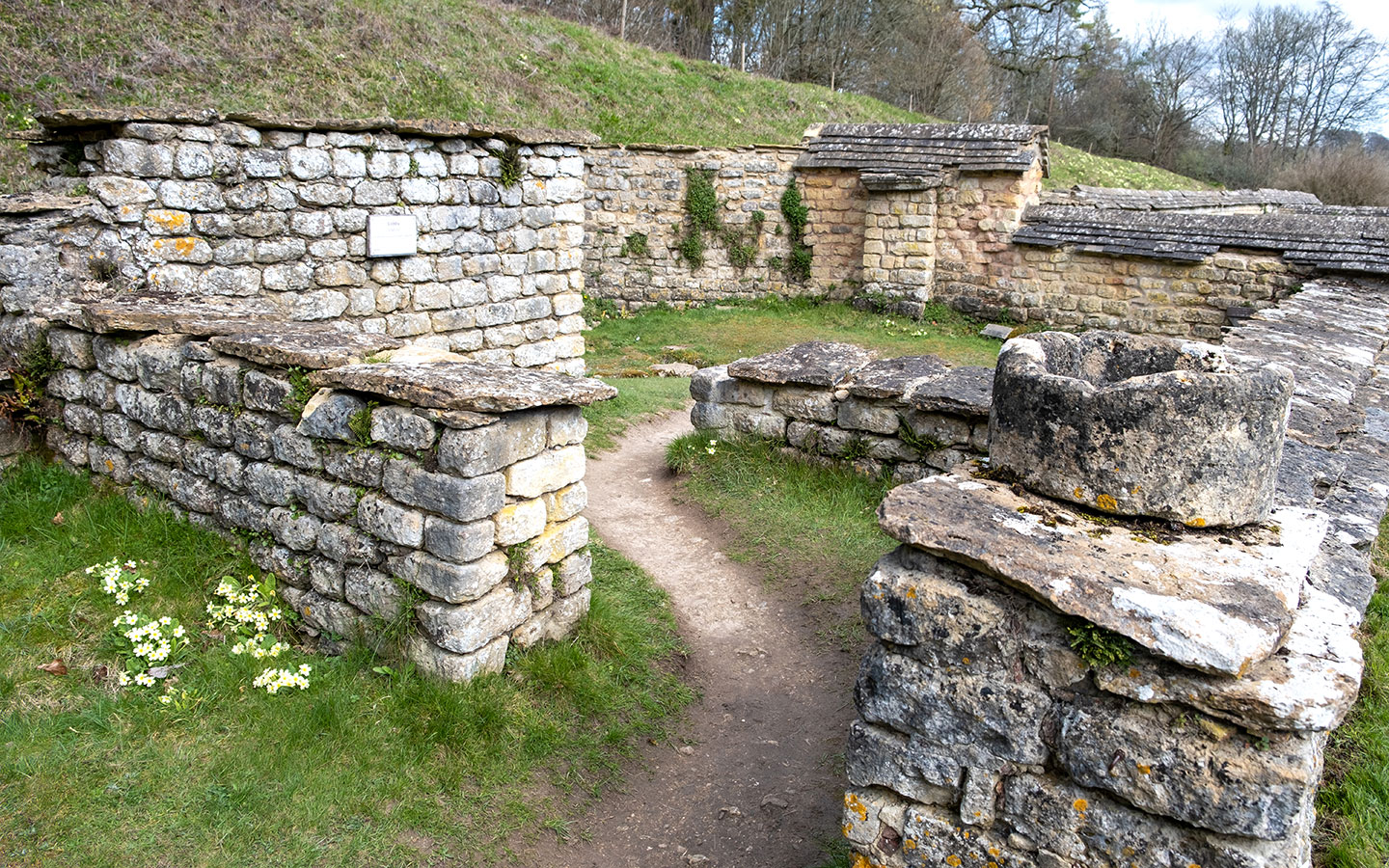 Roman walls in the North Range at Chedworth Roman Villa in the Cotswolds