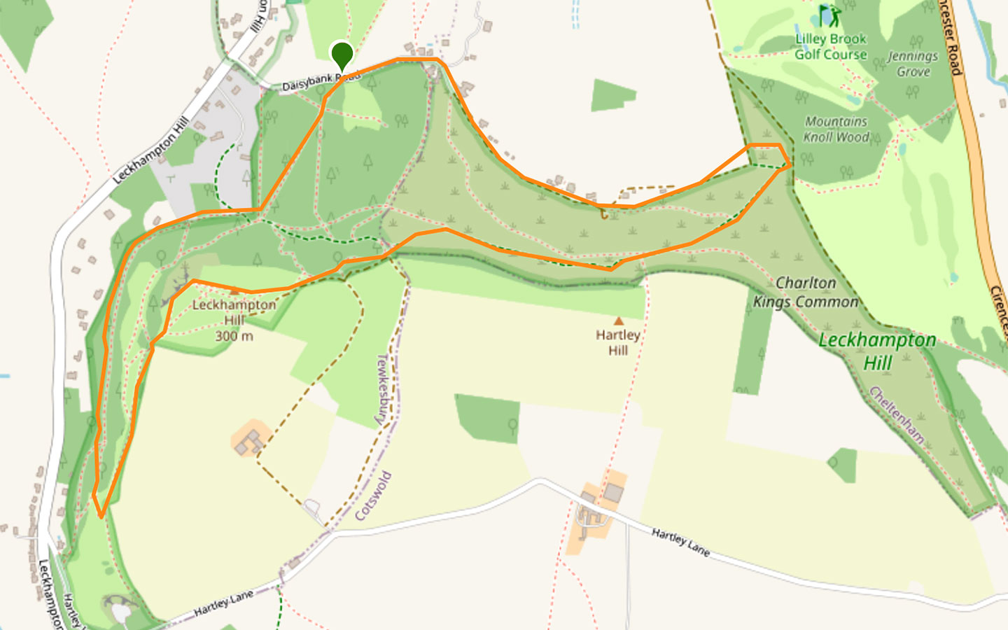 Map of Leckhampton Hill walk near Cheltenham
