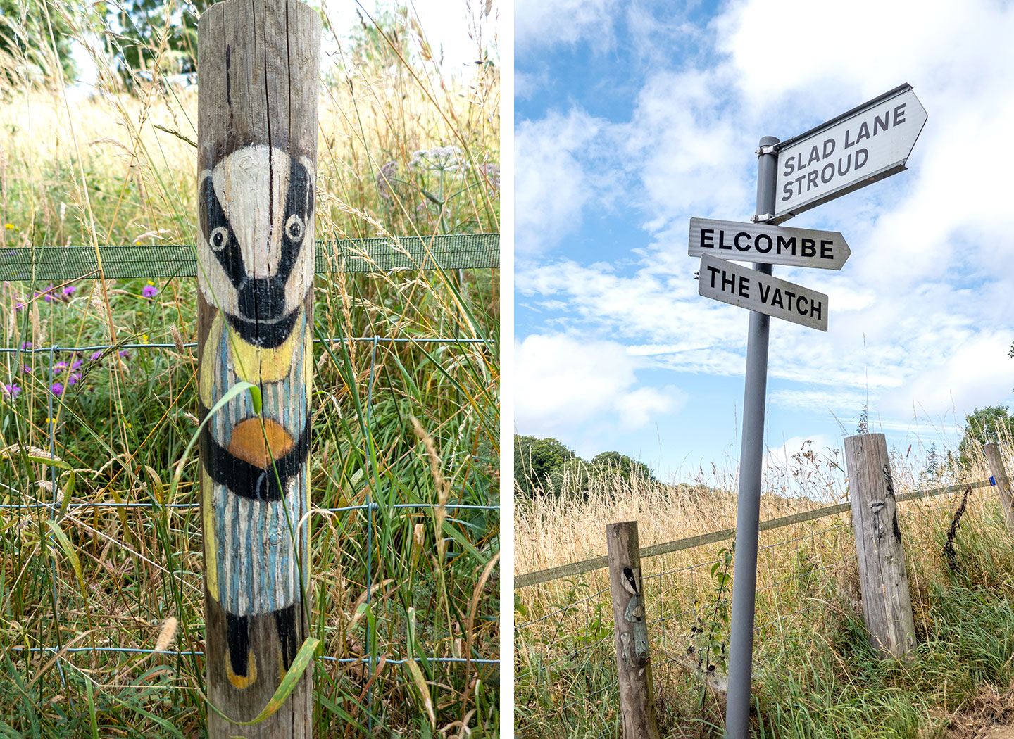 Painted badger post on the Painswick to Slad walk in the Cotswolds
