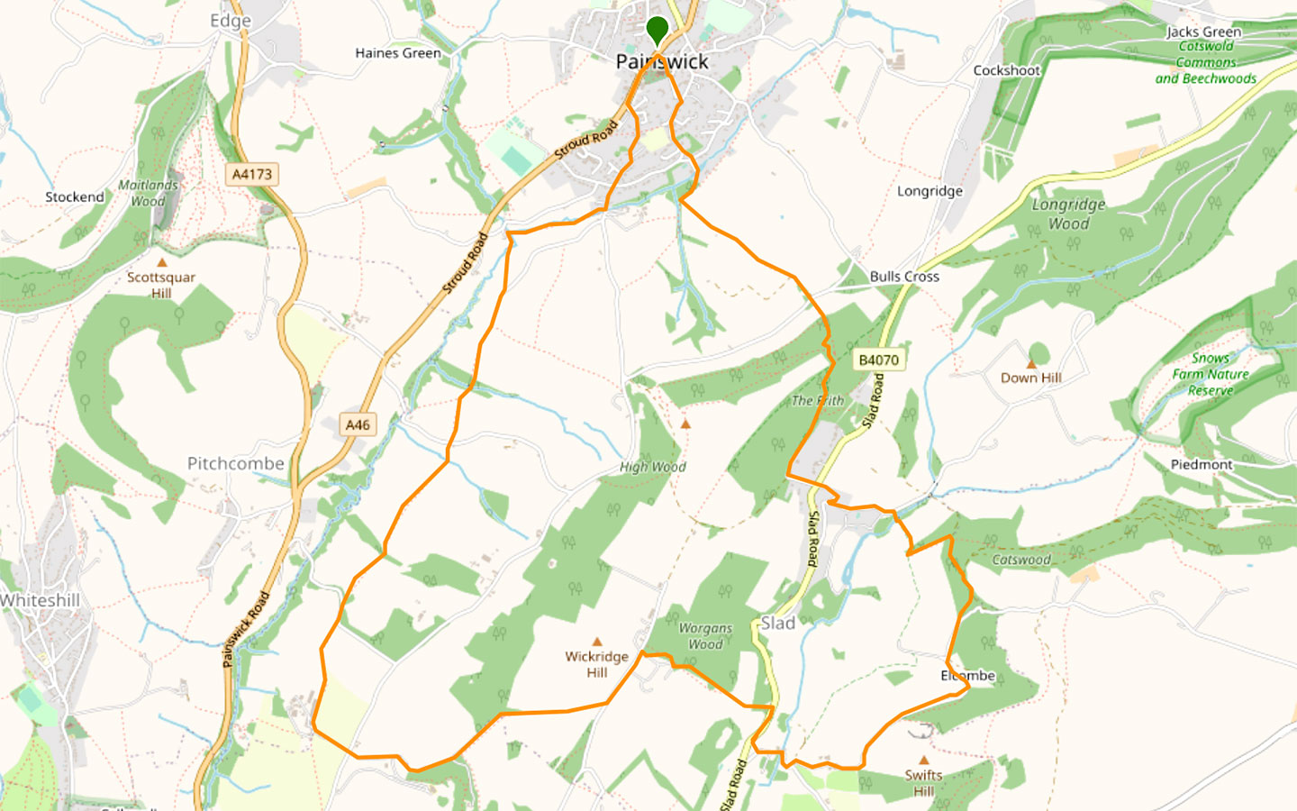 Map of the Painswick to Slad walk route in the Cotswolds