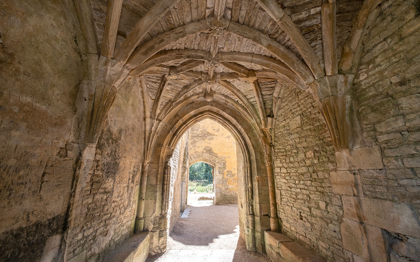 Porch with vaulted ceiling at Minster Lovell Hall in the Cotswolds