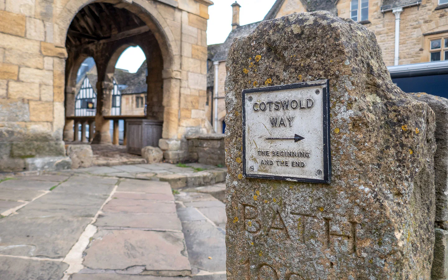 Cotswold Way arker stone by the Market Hall in Chipping Campden