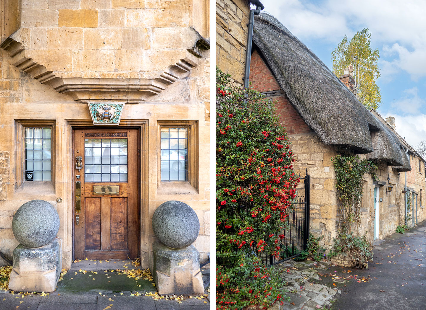 The Woolstaplers Hall and a thatched cottage in Chipping Campden