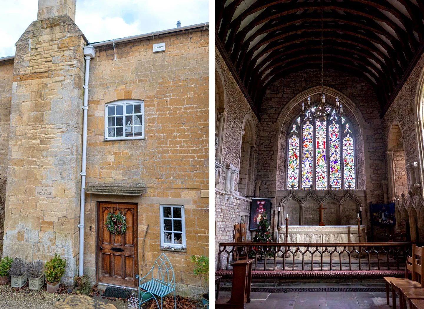 The vicarage and inside the church in Blockley
