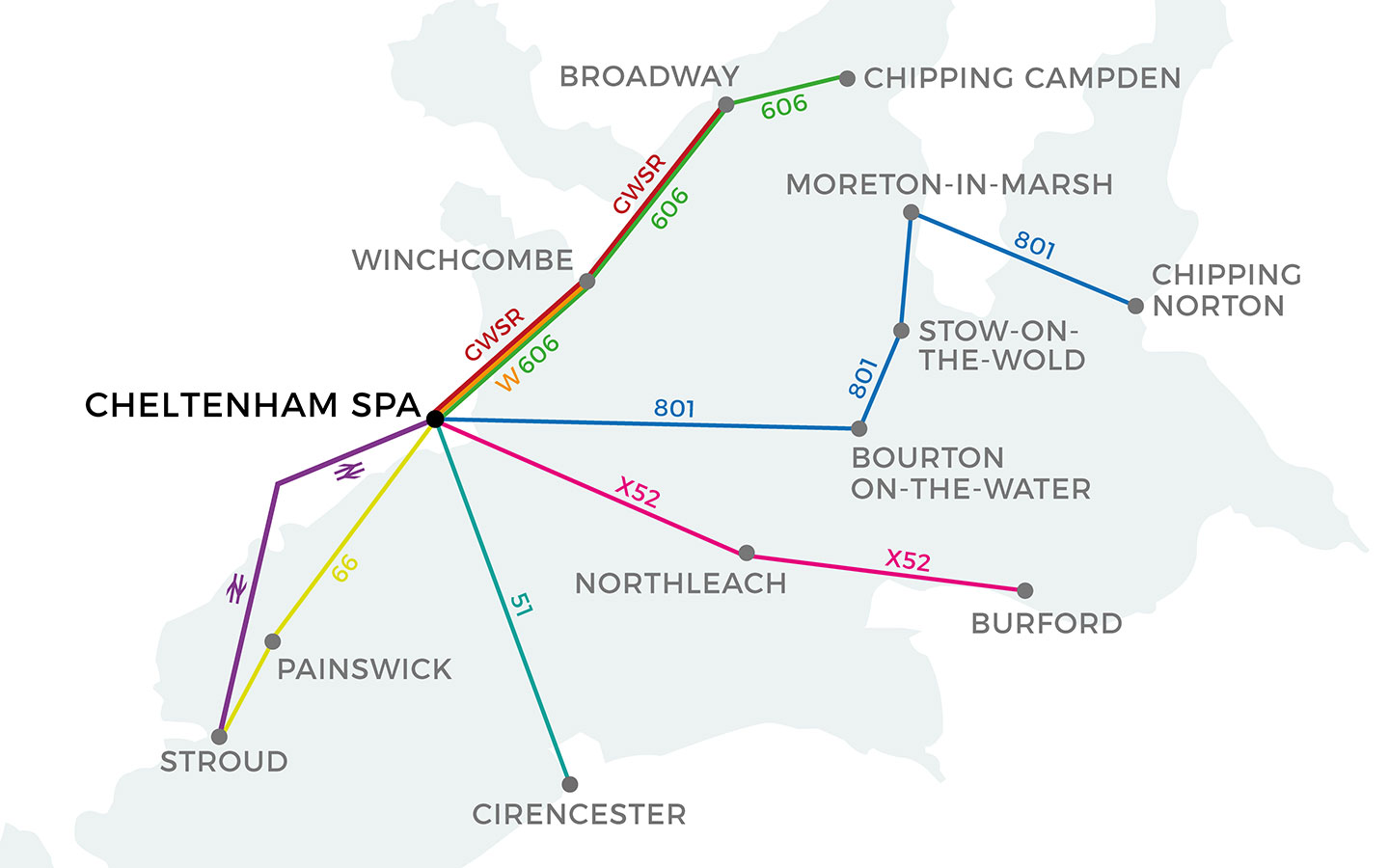 Map of day trips from Cheltenham to Cotswolds