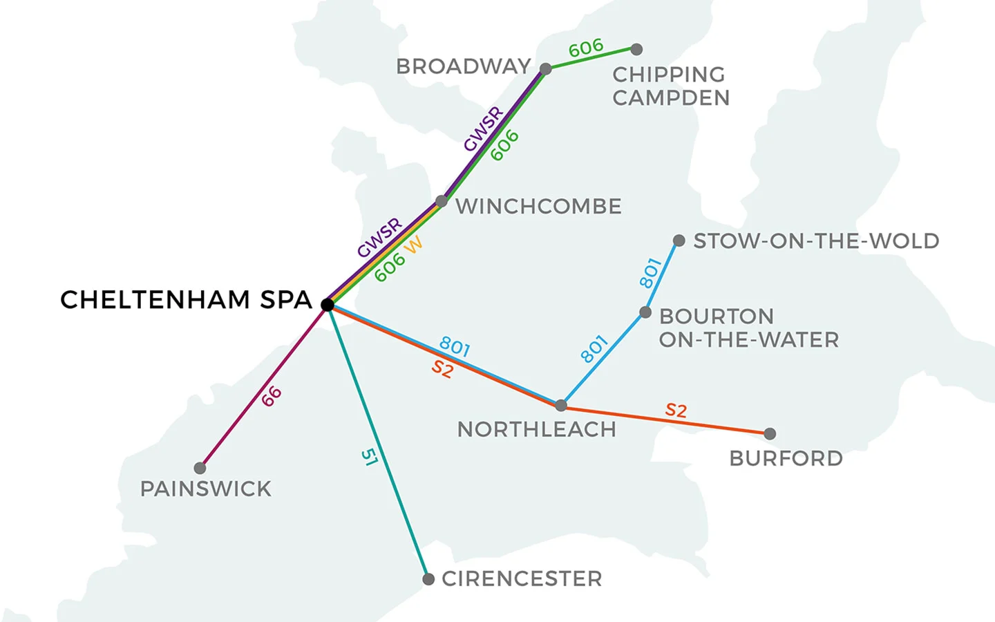 Map of day trips from Cheltenham to Cotswolds