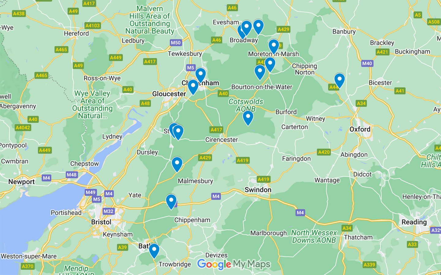 Map of dog-friendly hotels in the Cotswolds