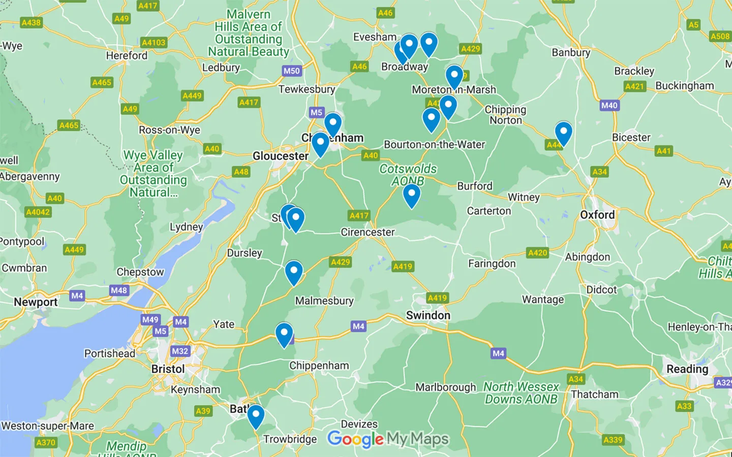 Map of dog-friendly hotels in the Cotswolds