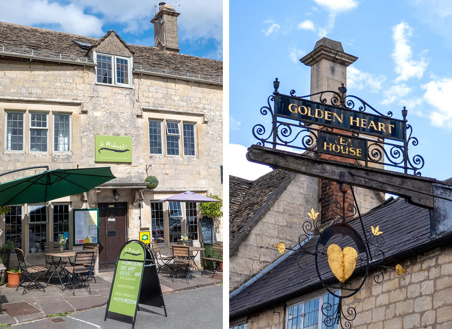 St Michael's bistro and an old pub sign in Painswick, Cotswolds