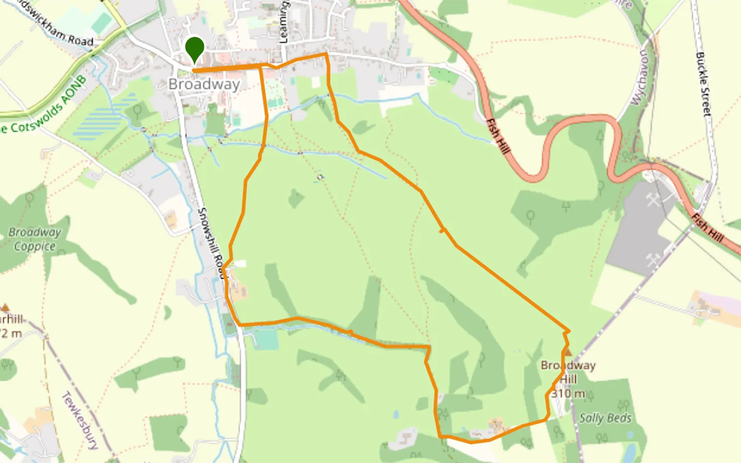 Map of the Broadway village to Broadway Tower walk in the Cotswolds