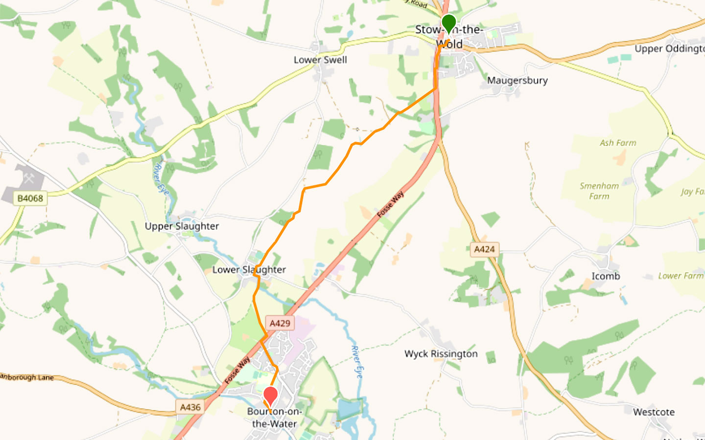 Map for the Stow-on-the-Wold to Bourton-on-the-Water walk in the Cotswolds
