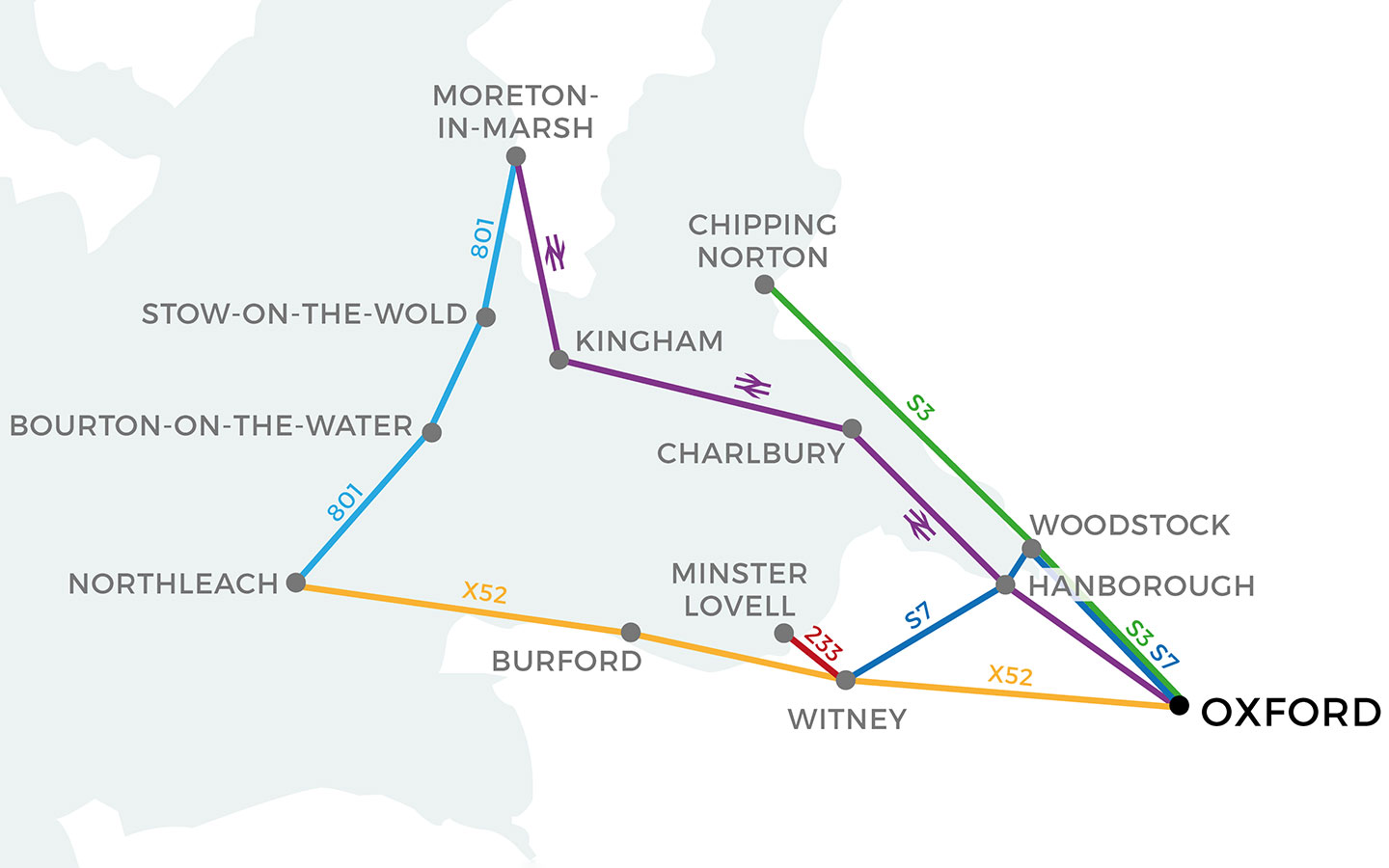 Map of day trips from Oxford to Cotswolds