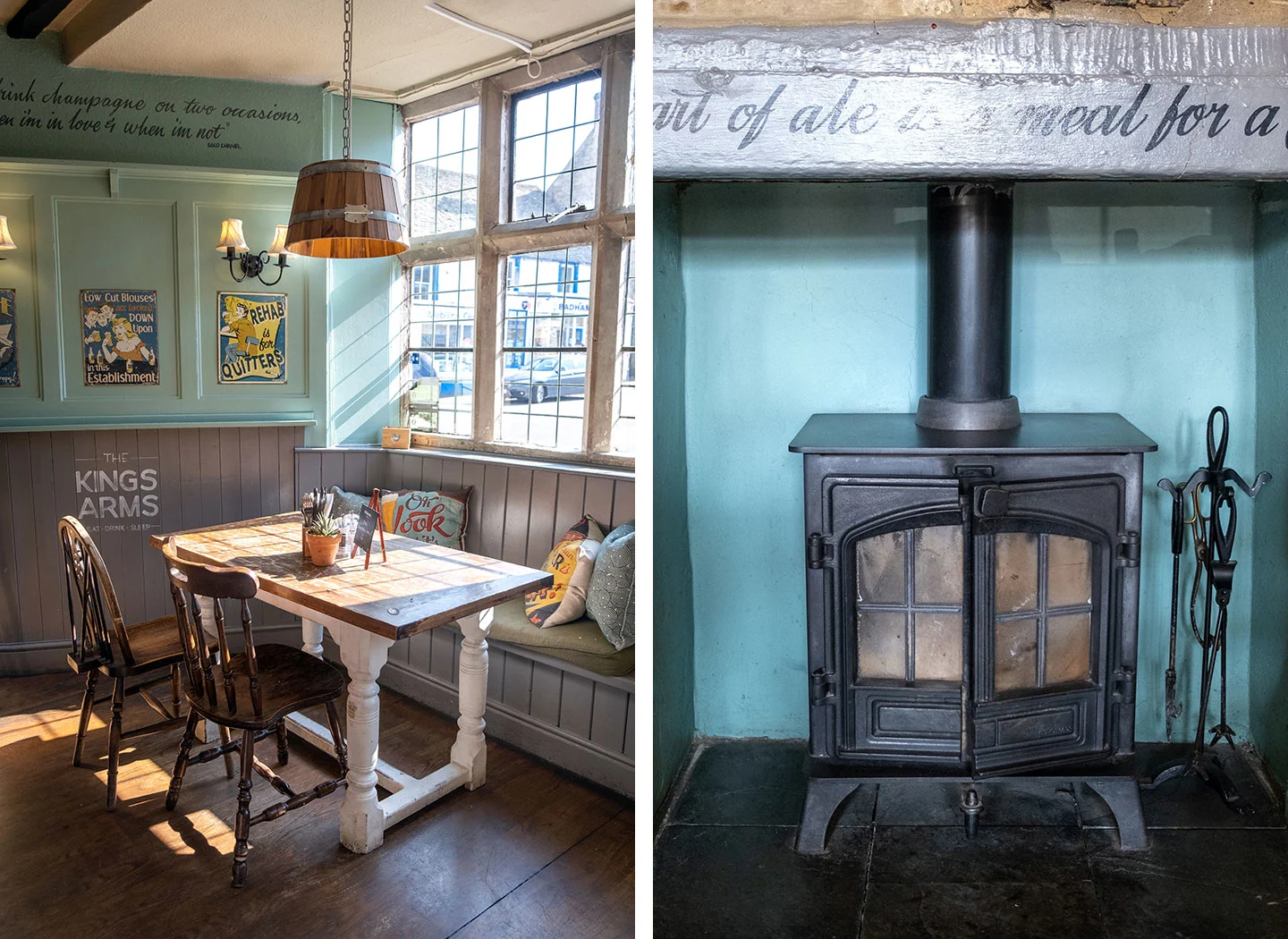 The bar at the King's Arms with a cosy wood-burner