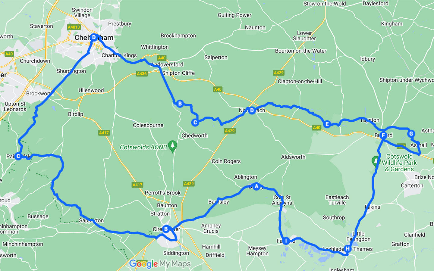 Cotswolds Romantic Road day 2 map of the route