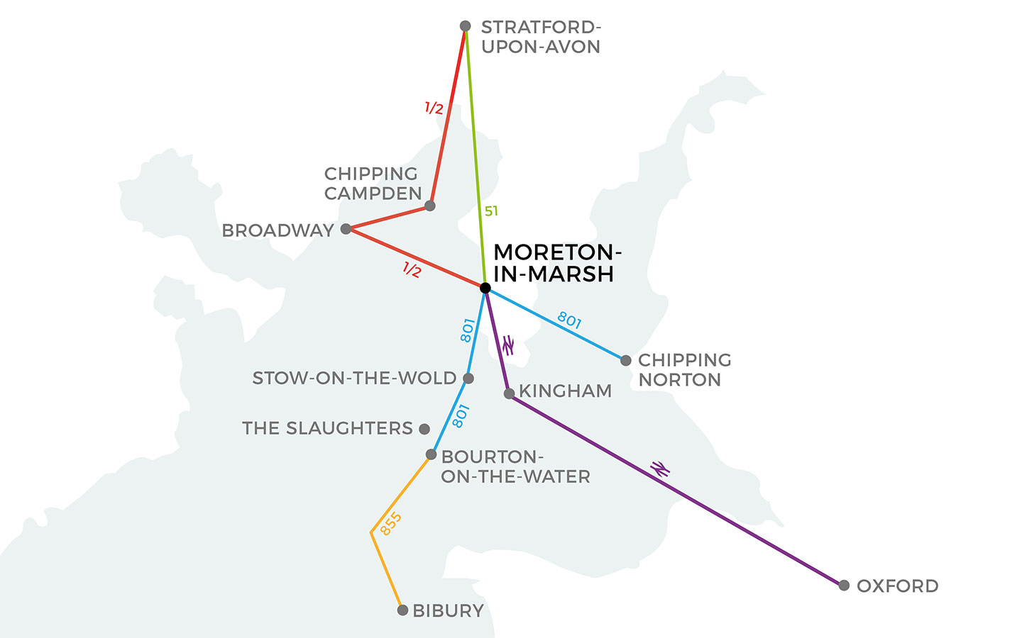 Map of day trips from Moreton-in-Marsh to Cotswolds without a car