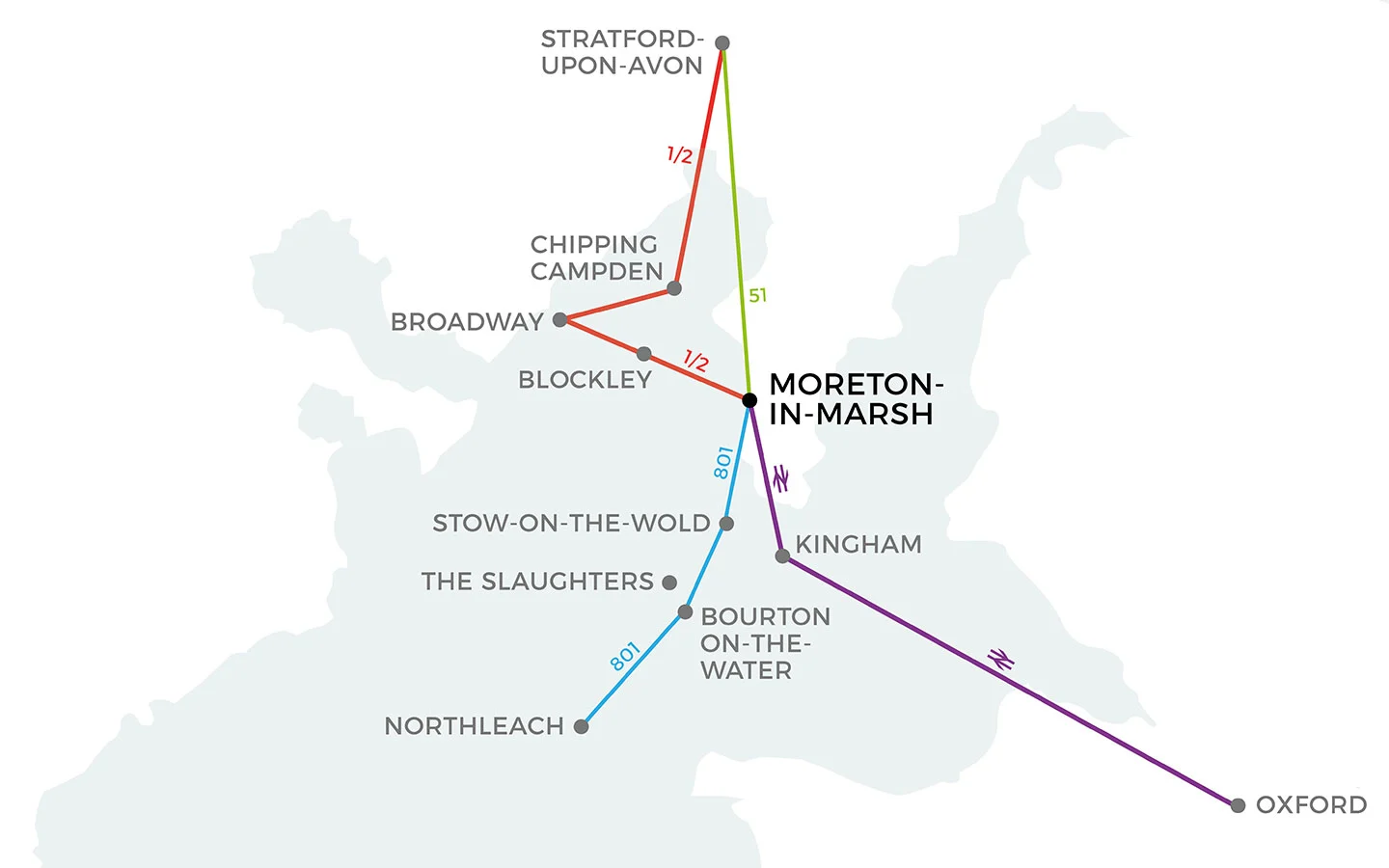 Map of day trips from Moreton-in-Marsh to Cotswolds without a car
