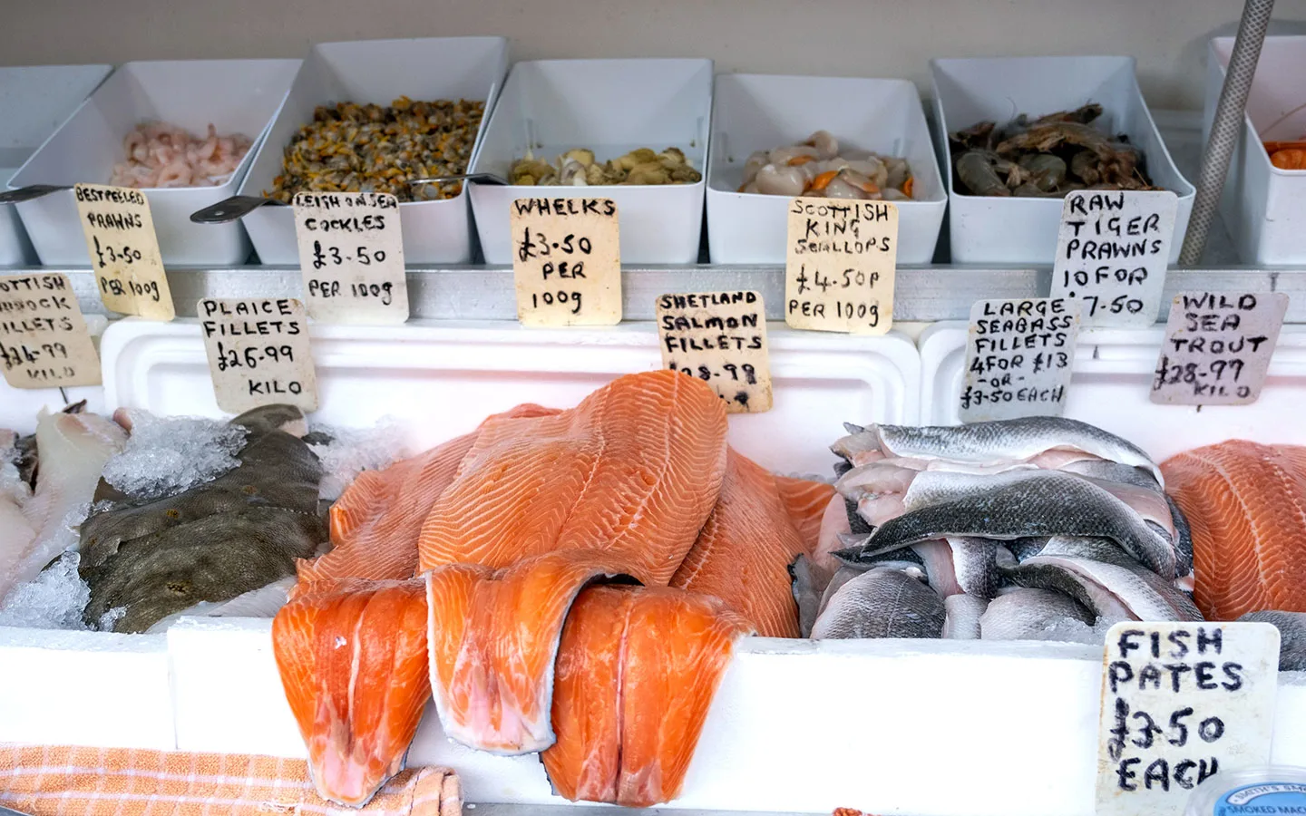 Fresh fish and seafood on a market stall in the Cotswolds