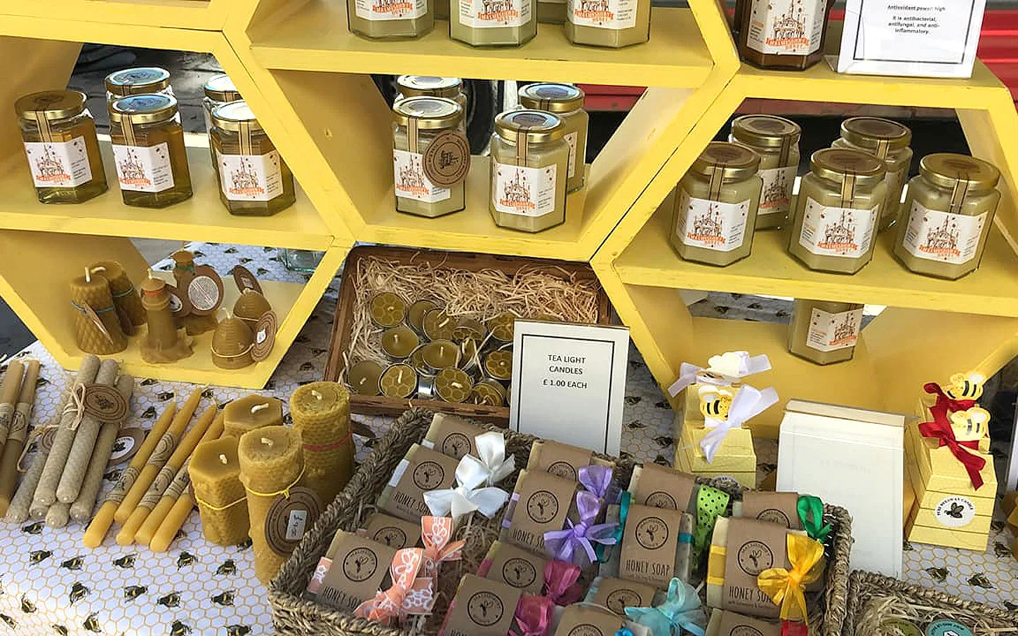 Malmesbury Honey products on a market stall