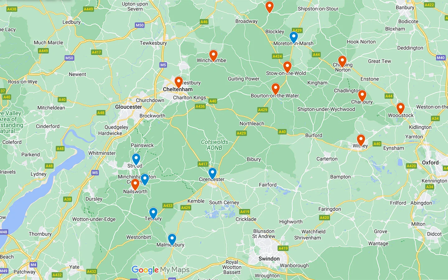 Map showing the location of markets in the Cotswolds