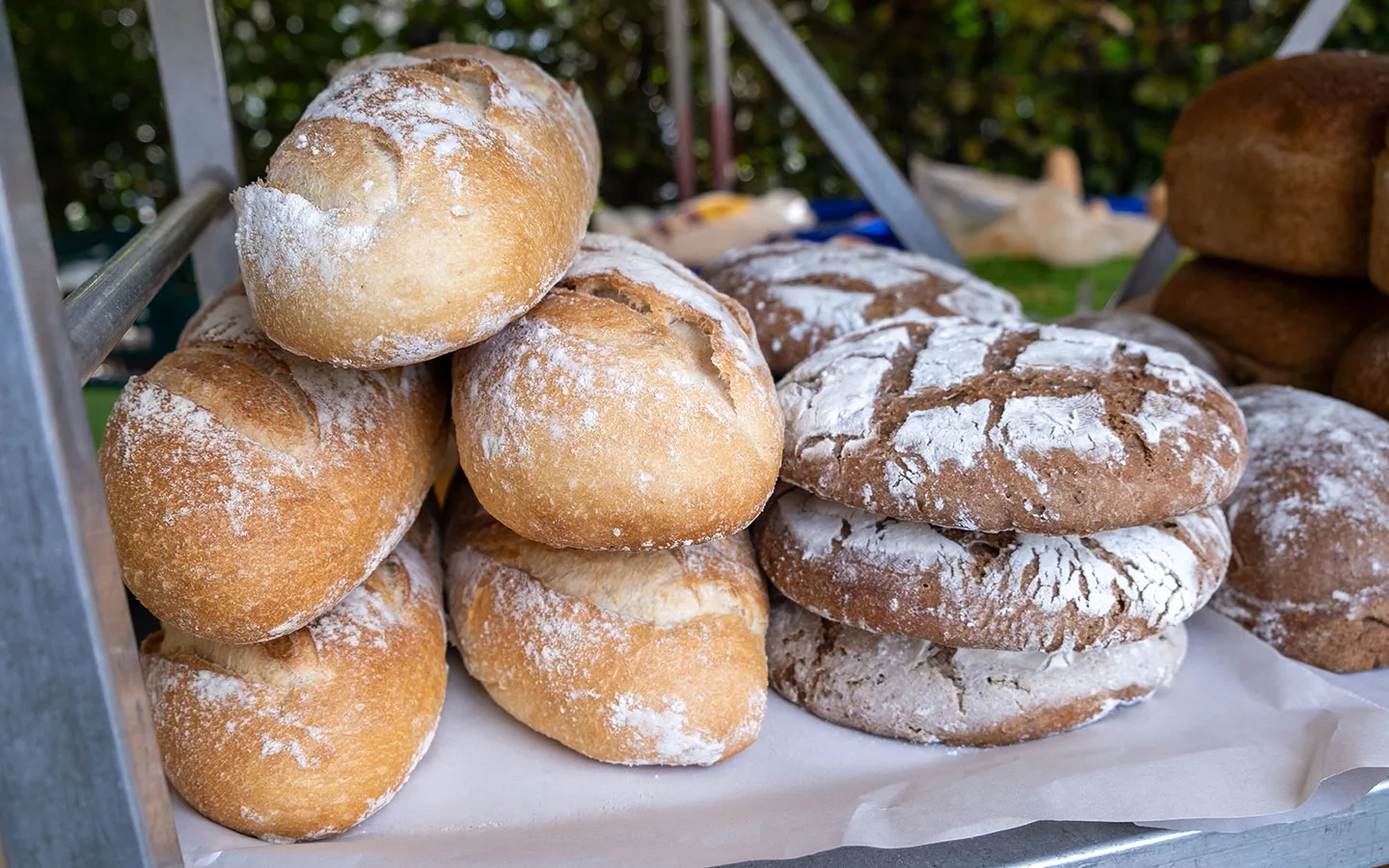 Freshly baked bread at a farmers' market in the Cotswolds