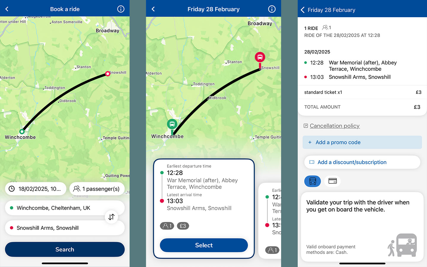 Using The Robin mobile app to book a Cotswolds bus