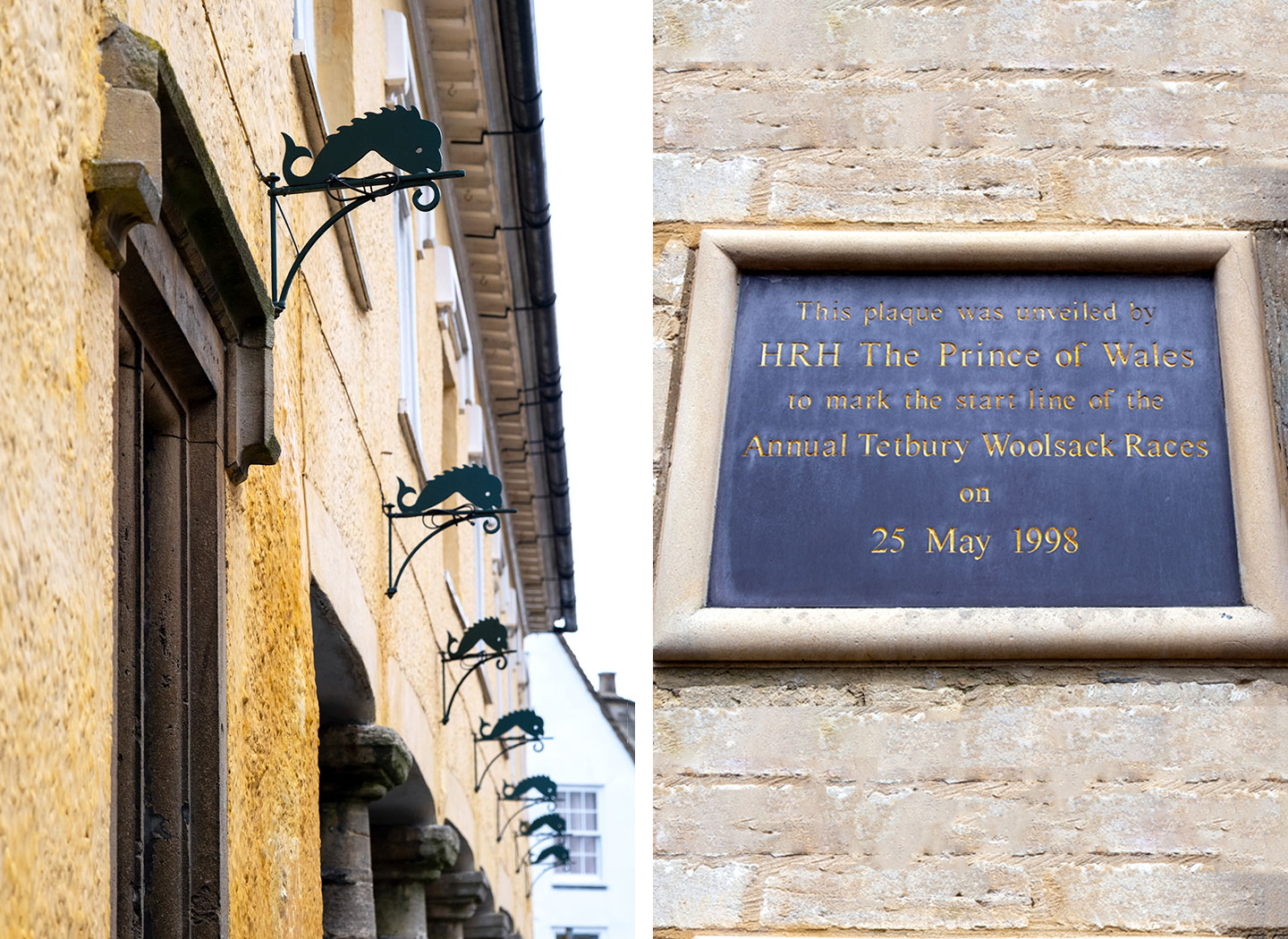 Dolphins on the Market House in Tebury, and the starting line of the Woolsack Races on Gumstool Hill