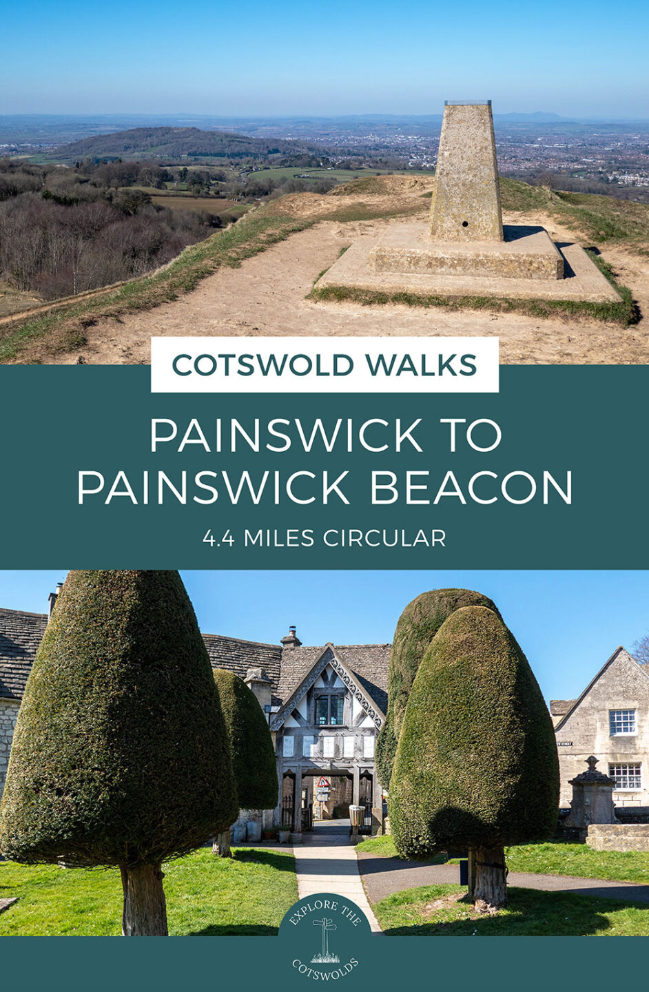 Map and guide for the 4.4-mile/7.1km circular Painswick village to Painswick Beacon walk in the Cotswolds, with panoramic views from f former Iron Age fort at the top | Cotswold walks | Walks from Painswick Cotswolds | Painswick walks | Cotswold viewpoints | Cotswold walks by public transport