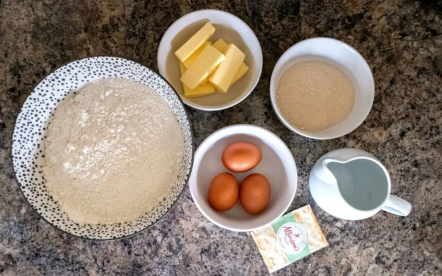 Ingredients for Bath Buns – flour, eggs, butter, sugar, yeast and milk