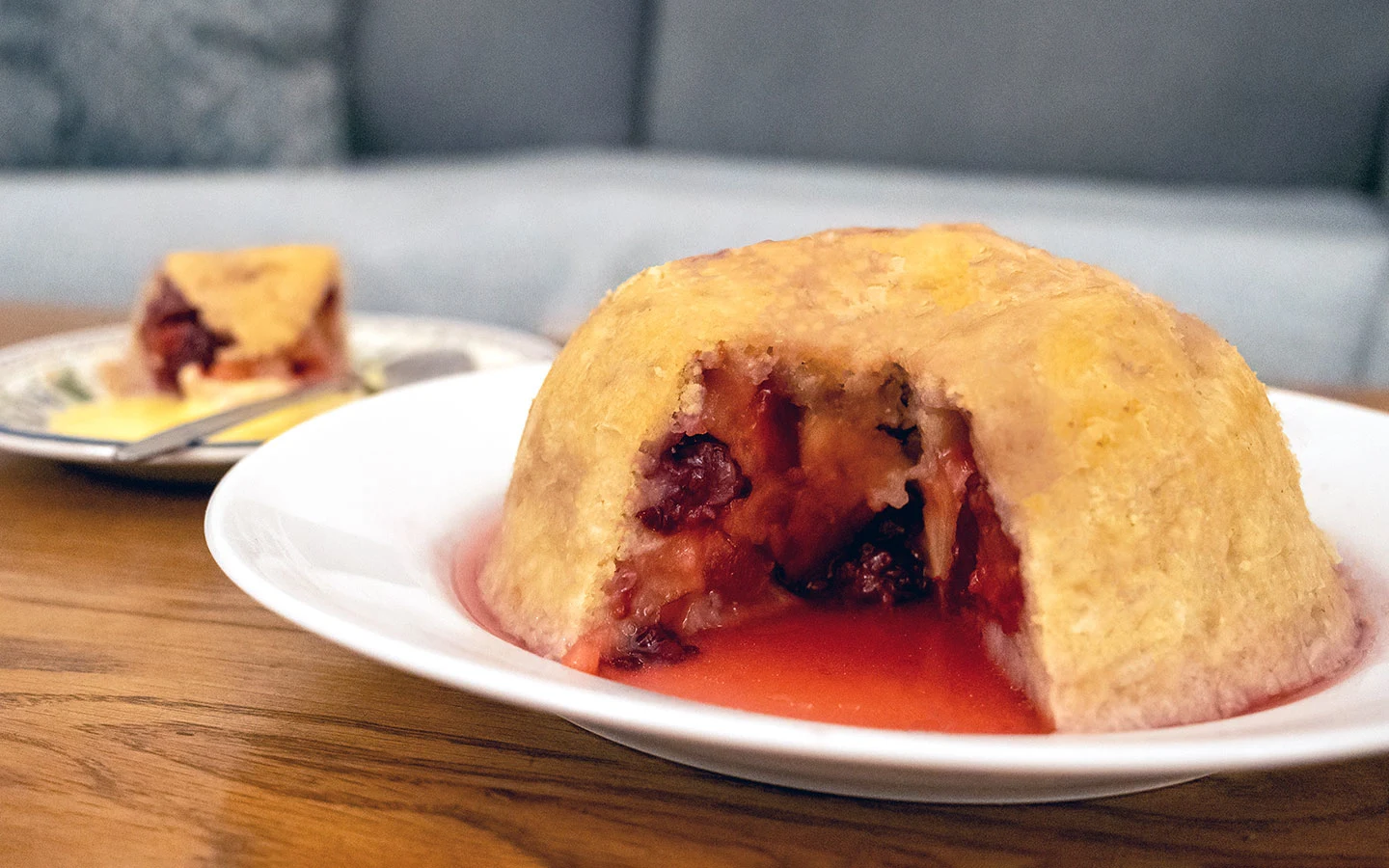 Heg Peg Dump Cotswold pudding made with plums, apple and blackberries