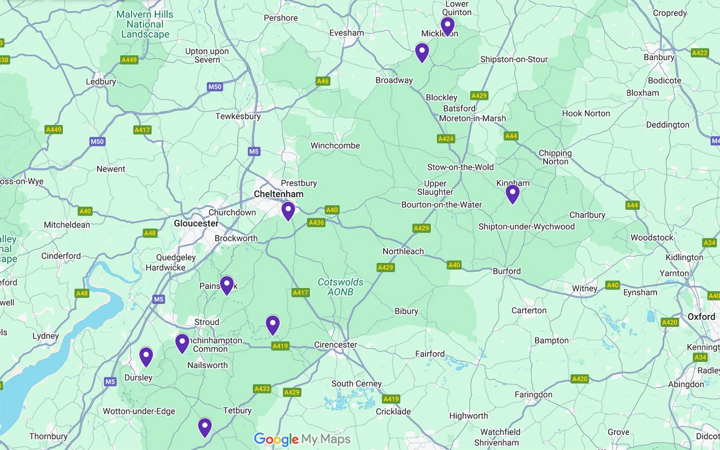 Map of where to see bluebells in the Cotswolds