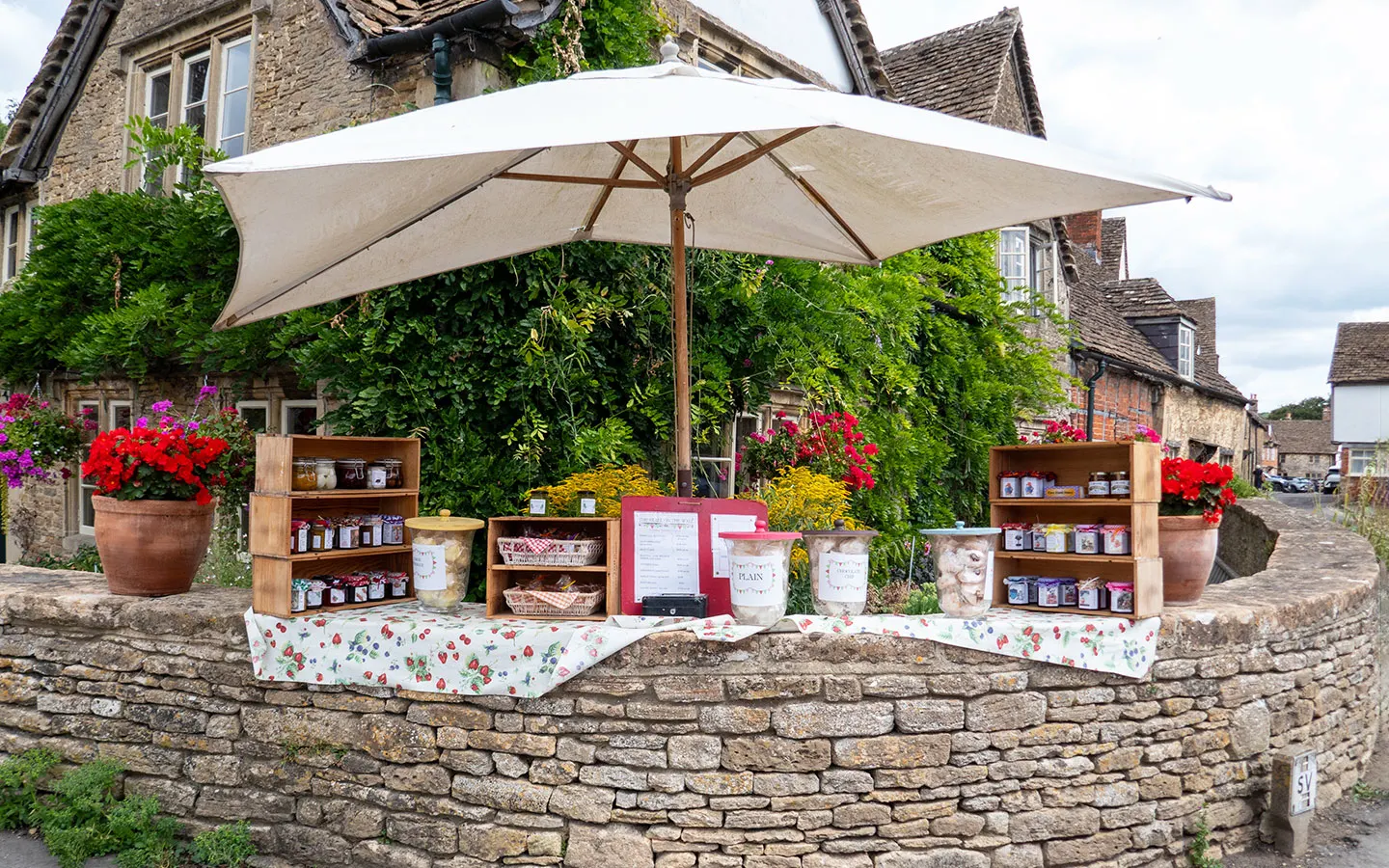 Jams for sale in an honesty shop in Lacock