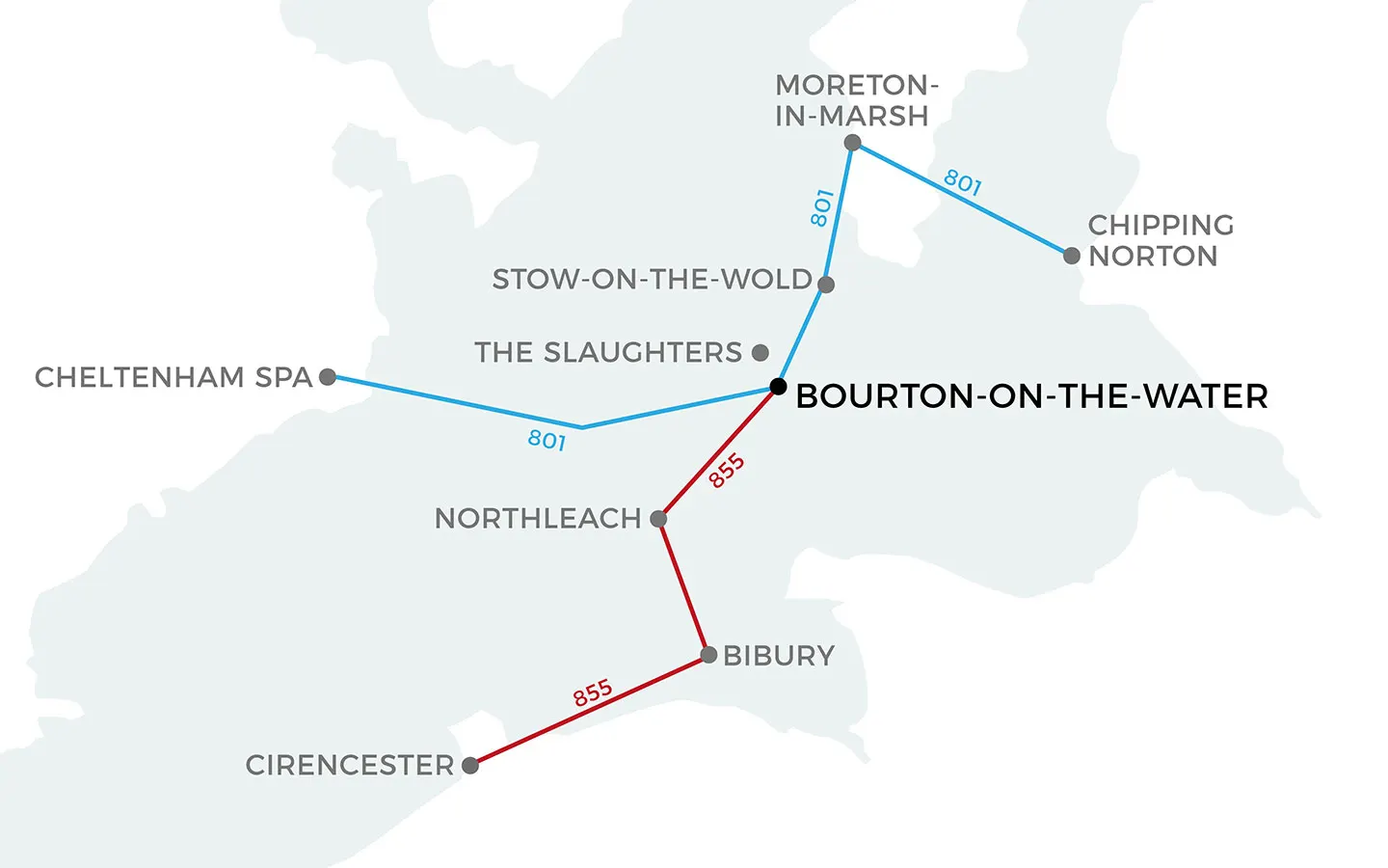 Map of Cotswold day trips from Bourton-on-the-Water without a car