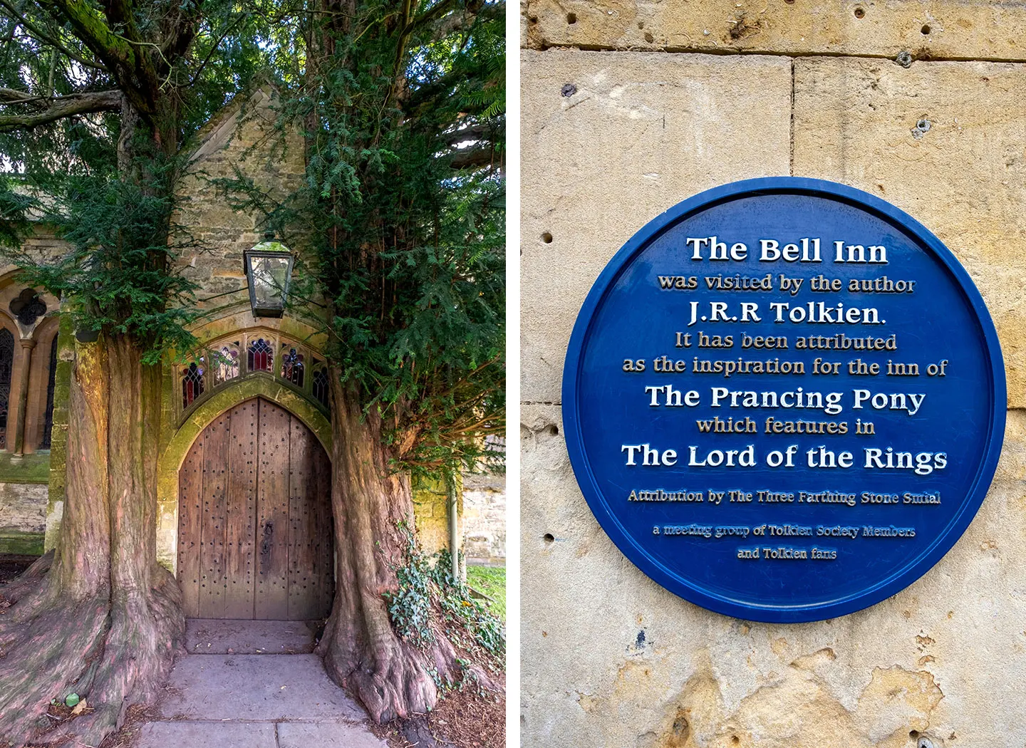 St Edward's Church doorway and The Bell in in Moreton &ndash; locations from JRR Tolkien's The Lord of the Rings