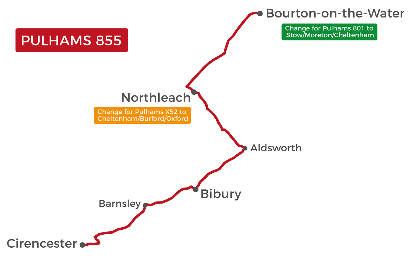 Map of the route of the Pulhams 855 bus