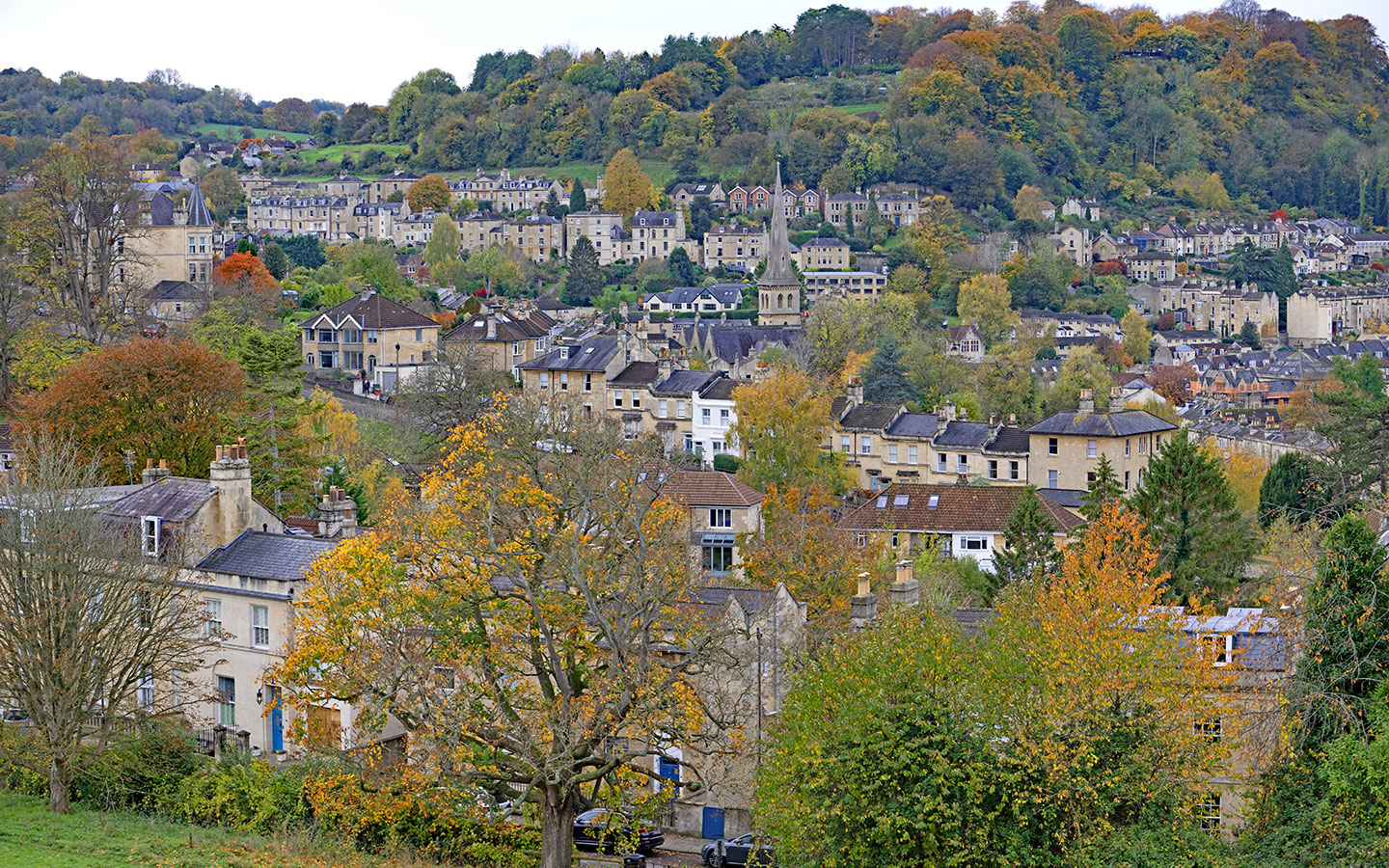 Looking down on Bath from the Skyline Walk in the Cotswolds in autumn